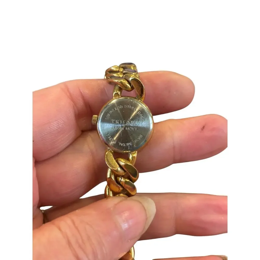 Trifari Gold Chain Bracelet Watch Mother of Pearl Dial 90s Chunky Jewelry Quartz